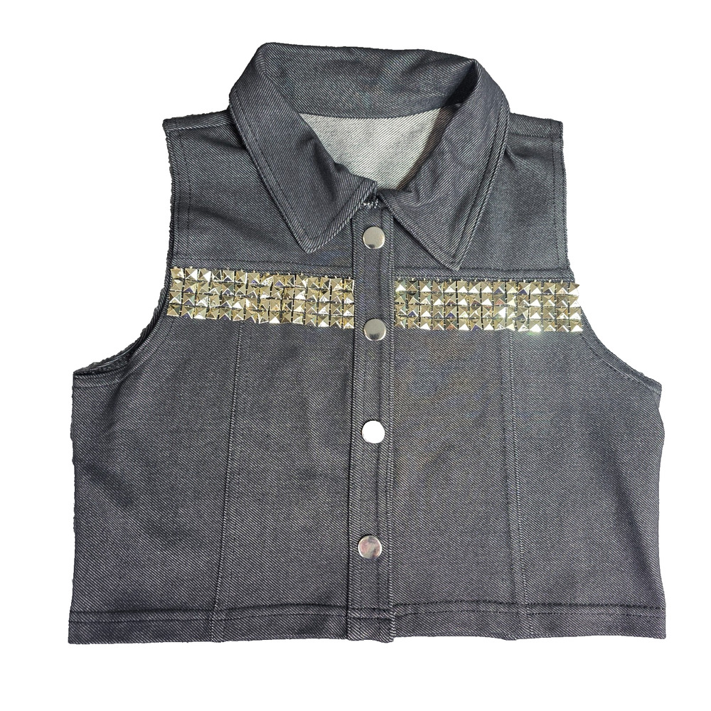 Weissman Dance Vest Youth Girls Gray Denim Studded Embellished Snap - Large
